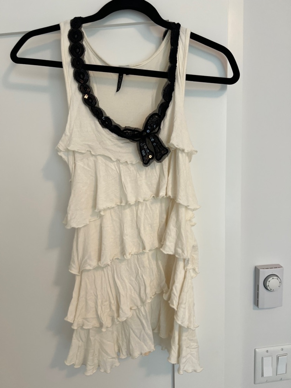 Topshop Cream Ruffled Tiered Tank Top with Black Lace Trim